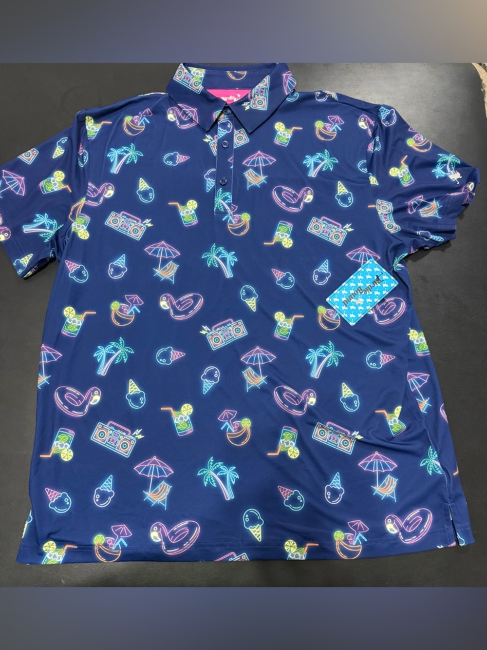 Birdie Bound Navy Swim Polo with Neon Beach Icons